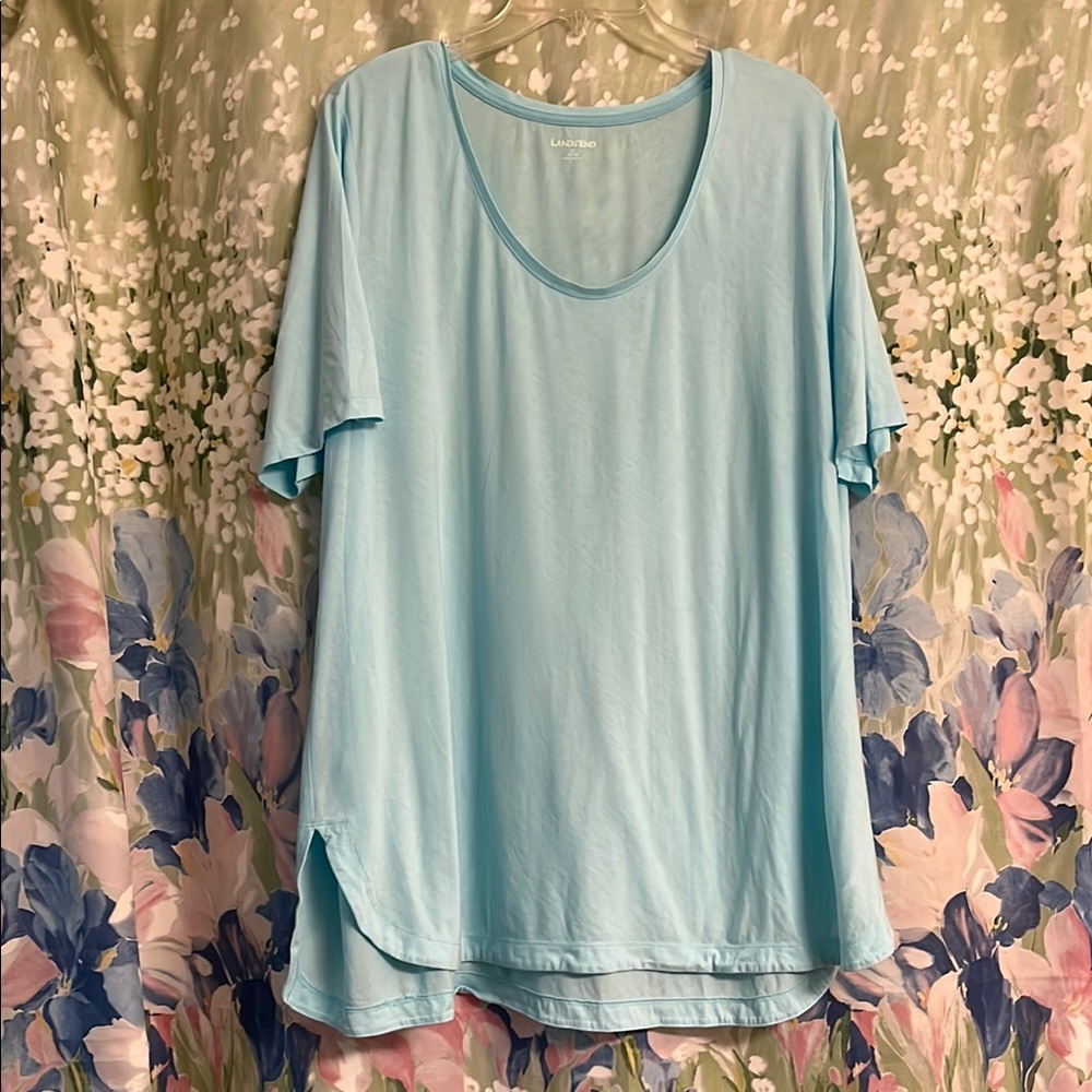 Lands End Blue tunic top with scoop neckline and curved hemline